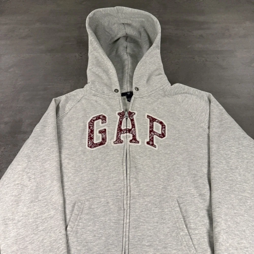 Gap Zip Up Hoodie XL Gray Wine Paisley Logo‎ Fleece Raglan Sweatshirt Babydoll